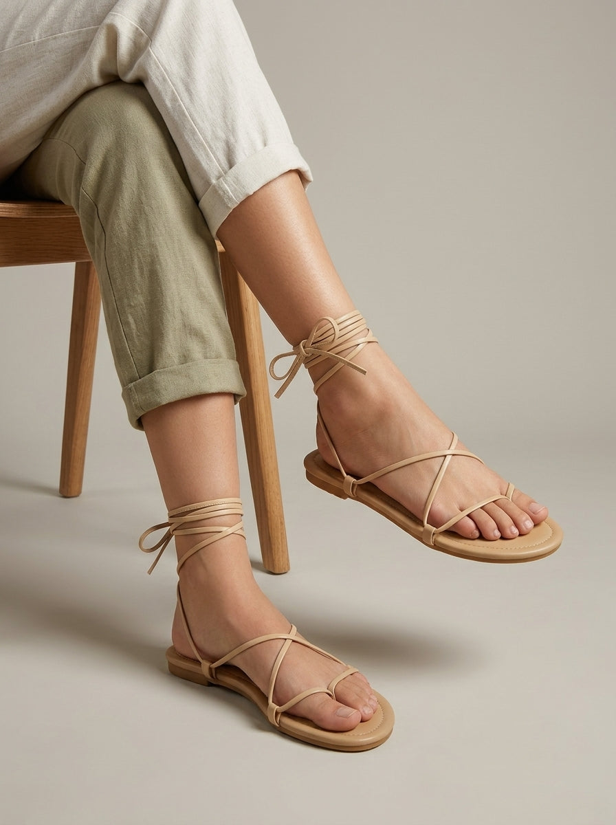 Women's Lace-Up Toe Ring Sandals - Flat - Strappy Ankle Tie - Open Toe
