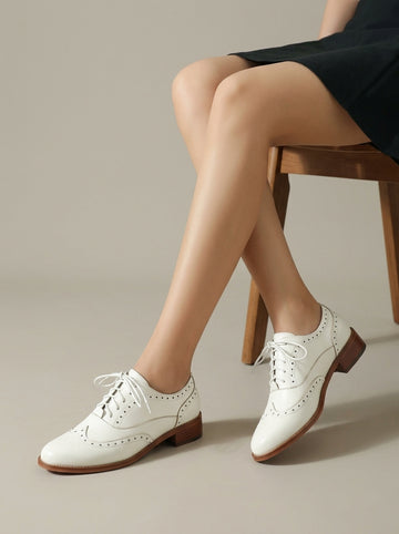 Women's Wingtip Brogue Oxford Shoes with Lace-Up and Low Block Heel
