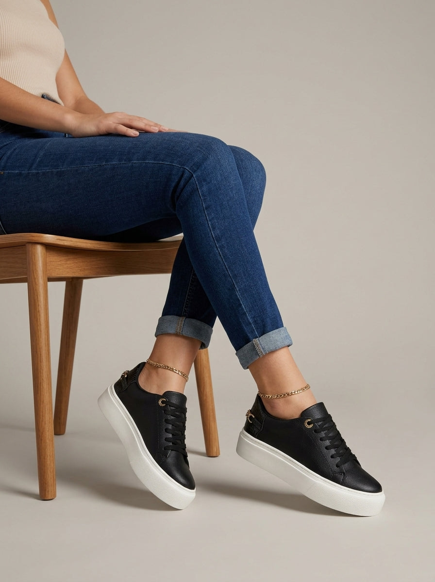 Women's Platform Sneakers - Lace-Up Low-Top - Chain Detail