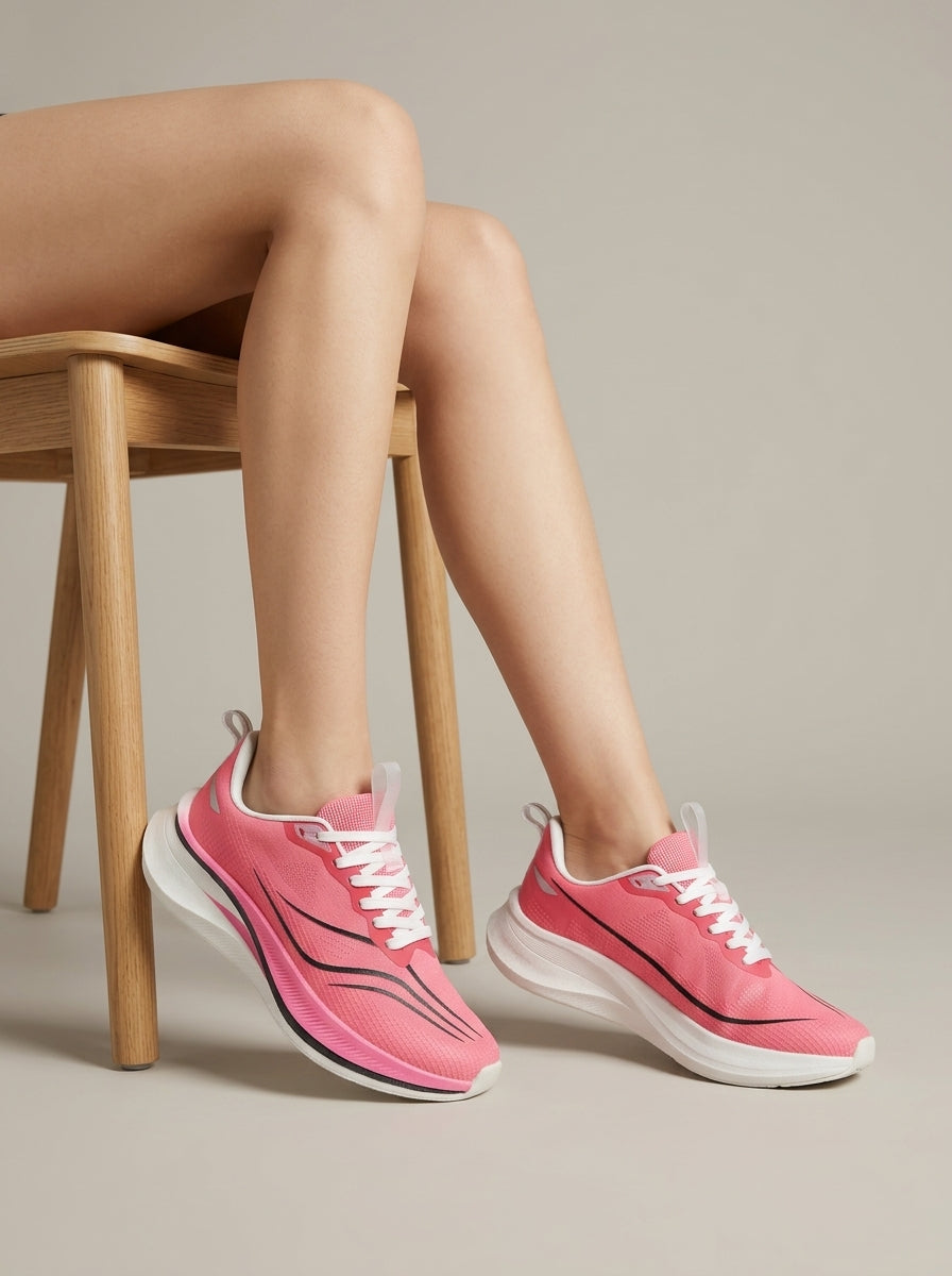 Women's Lace-Up Running Max Cushion Sneakers - Round Toe Curved Sole