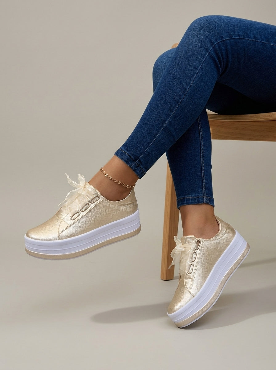 Women's Platform Sneakers - Lace-Up - Metallic Upper - Low Top