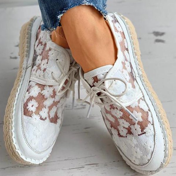 Women's Lace-Up Espadrille Flats - Round Toe - Floral Mesh Upper - Rope Sole