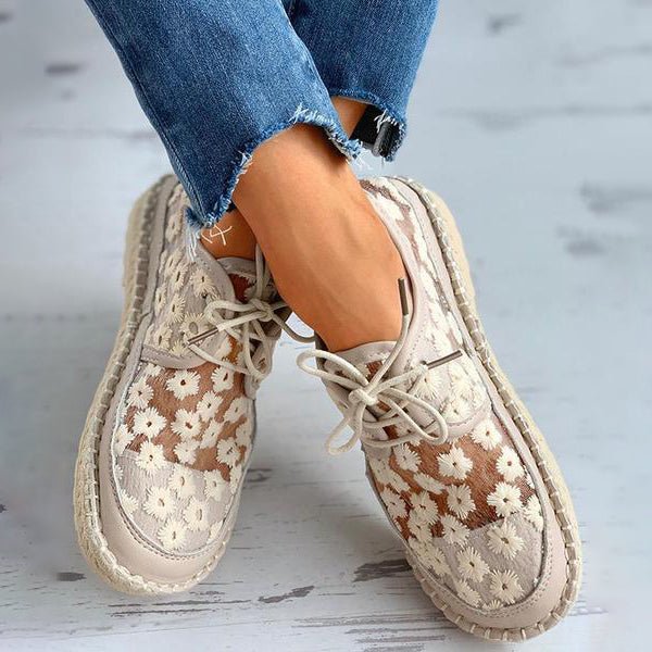 Women's Lace-Up Espadrille Flats - Round Toe - Floral Mesh Upper - Rope Sole
