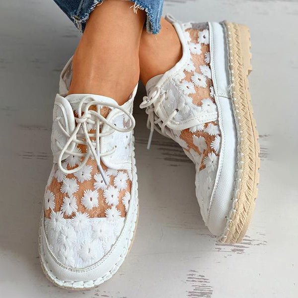 Women's Lace-Up Espadrille Flats - Round Toe - Floral Mesh Upper - Rope Sole