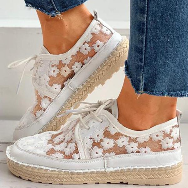 Women's Lace-Up Espadrille Flats - Round Toe - Floral Mesh Upper - Rope Sole