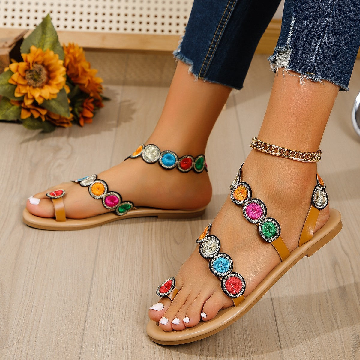 Women's Flat Sandals - Toe Ring - Embroidered Floral Appliqué Straps