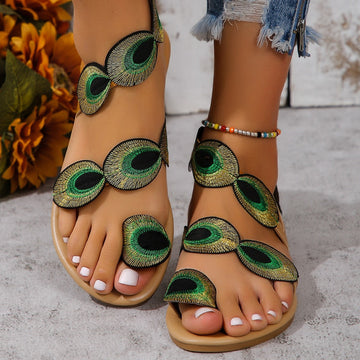 Women's Flat Sandals - Toe Ring - Embroidered Floral Appliqué Straps