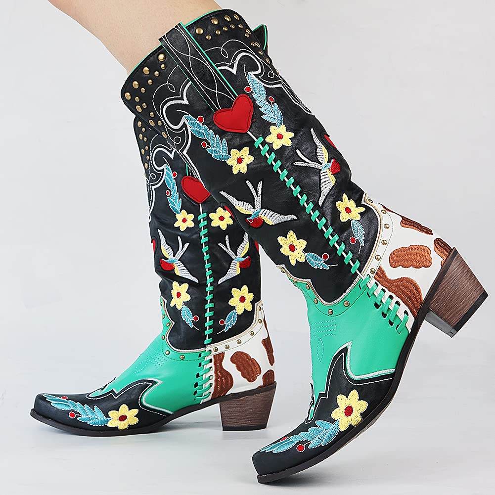 Women’s Embroidered Mid-Calf Western Boots with Block Heel