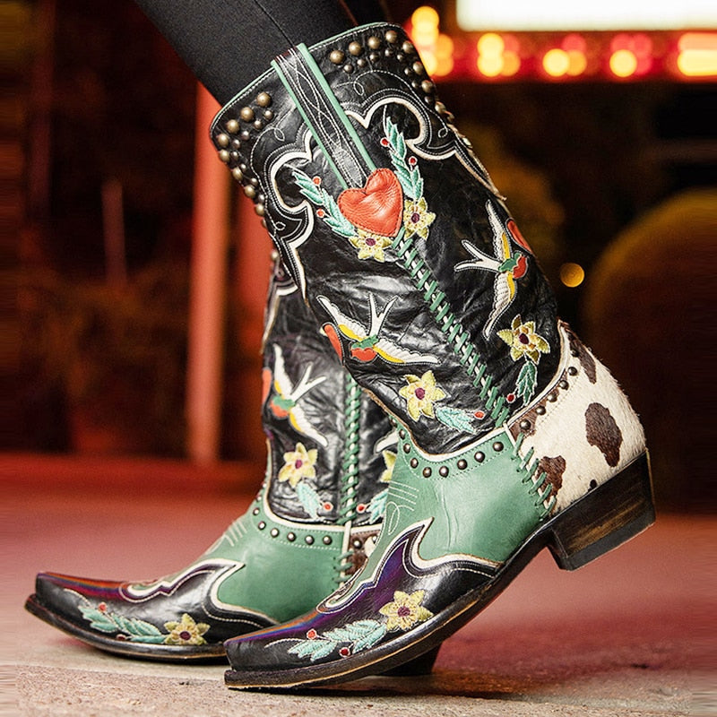 Women’s Embroidered Mid-Calf Western Boots with Block Heel