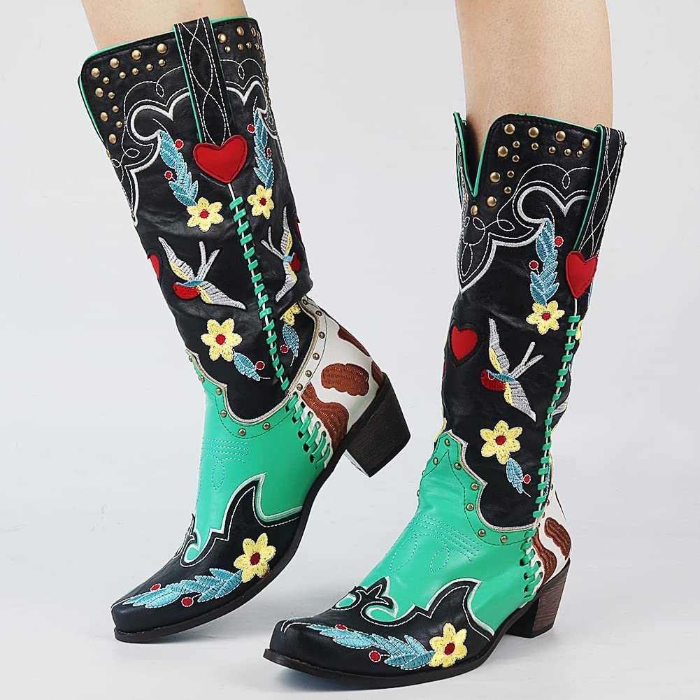 Women’s Embroidered Mid-Calf Western Boots with Block Heel
