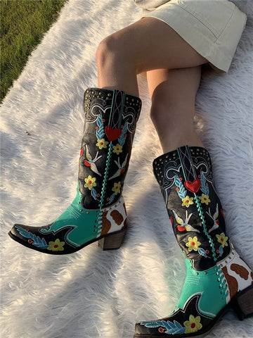 Women’s Embroidered Mid-Calf Western Boots with Block Heel