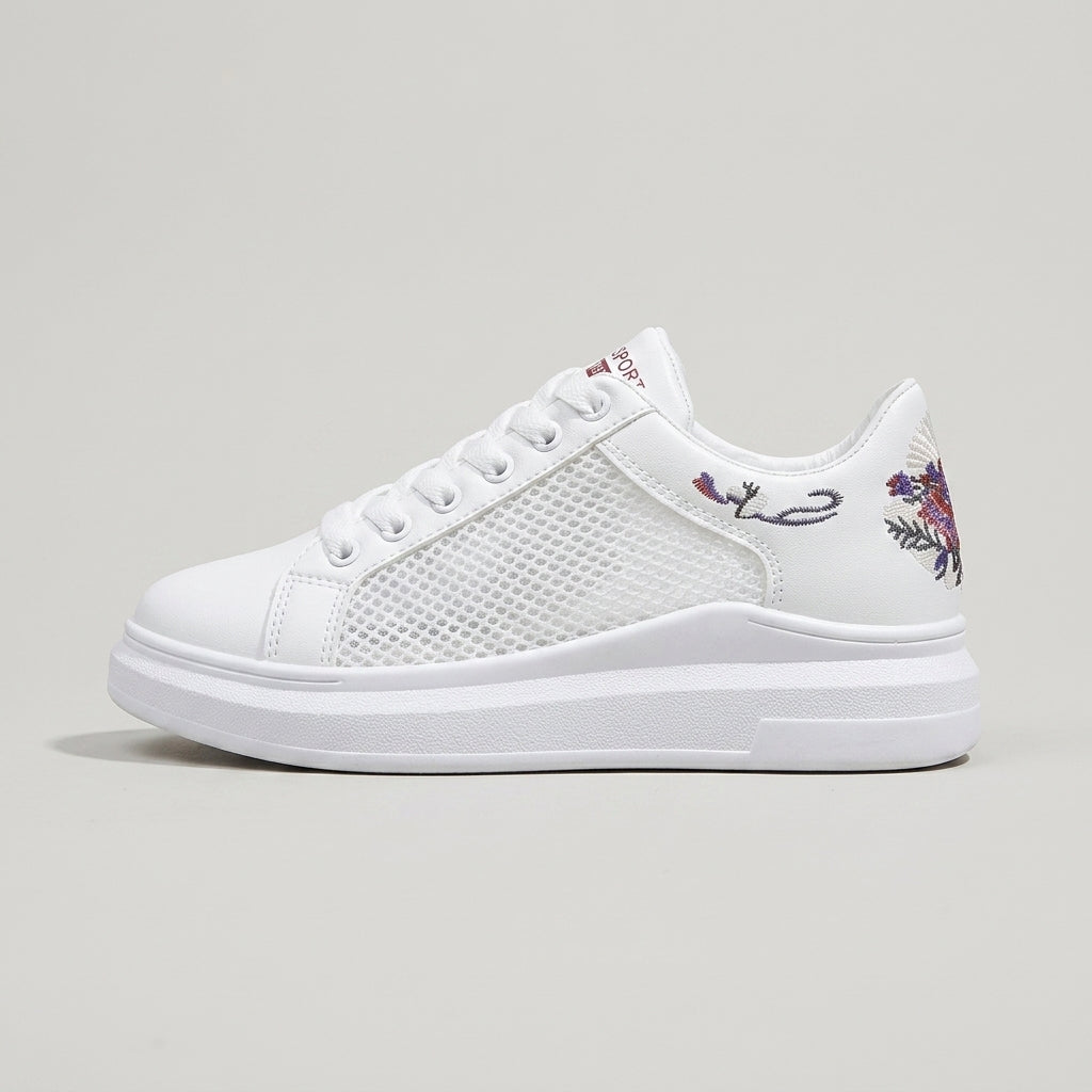 Women's White Platform Sneakers Embroidered Floral Low-Top Lace-Up
