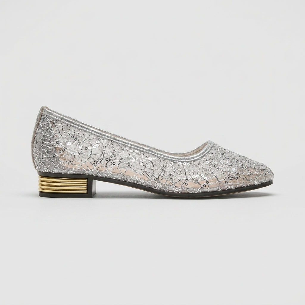 Women's Flats Pointed Toe Lace Embellished Low Block Heel Slip-On