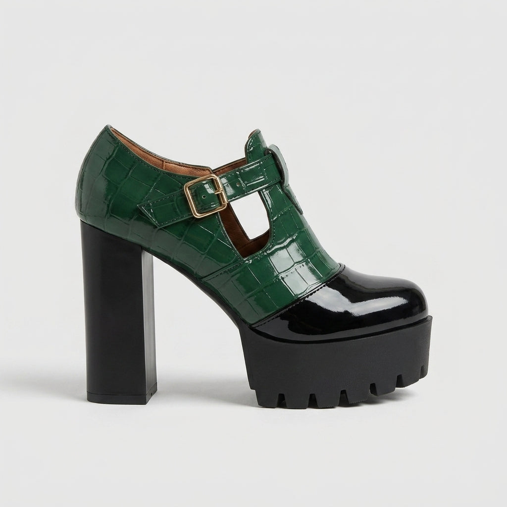 Women's Platform Heels T-Strap Croc-Embossed Mary Jane Block Heel