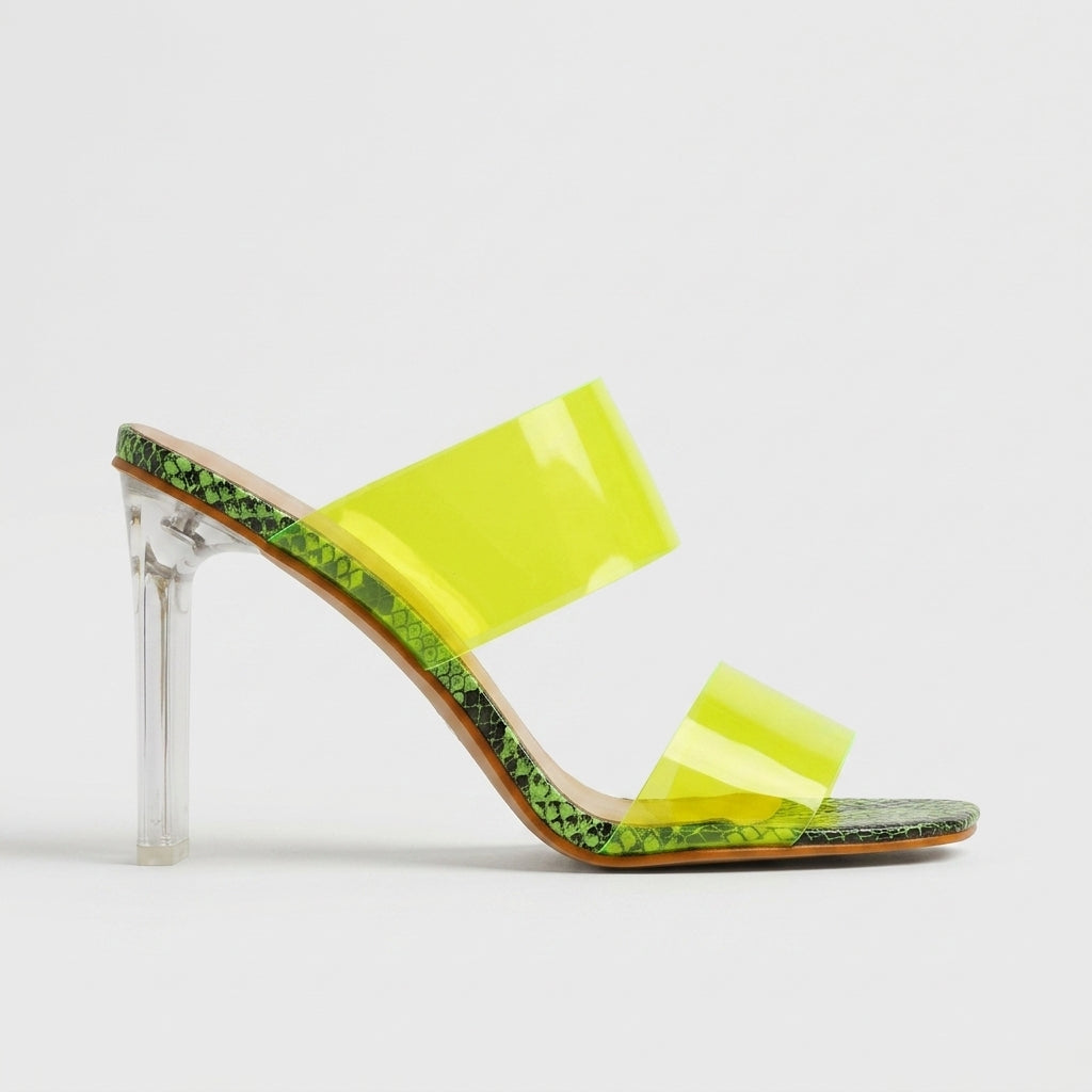 Women's Clear Strap Mule Sandals with Snake Print Trim