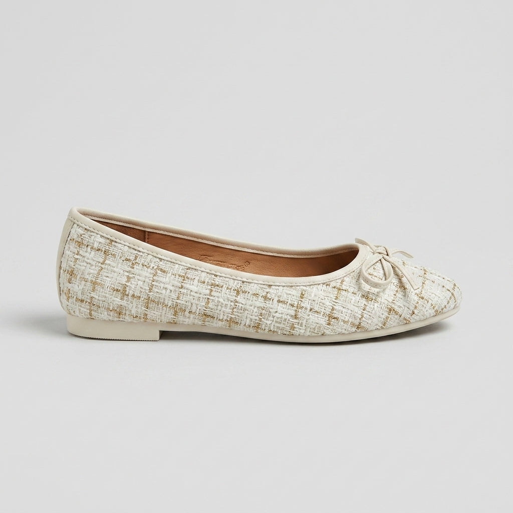 Women's Tweed Ballet Flats with Square Toe and Bow Detail Slip-On