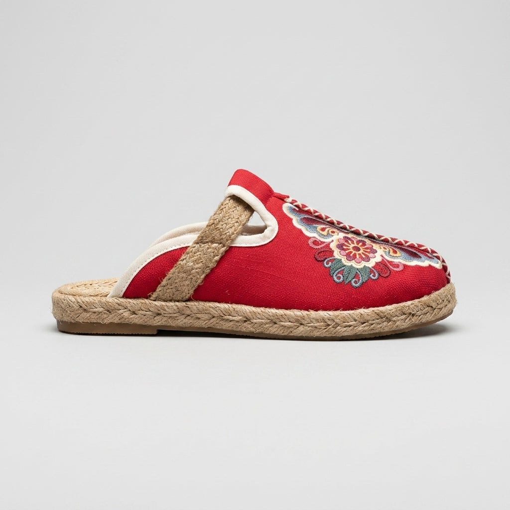 Women's Embroidered Slip-On Mules with Flat Espadrille Sole