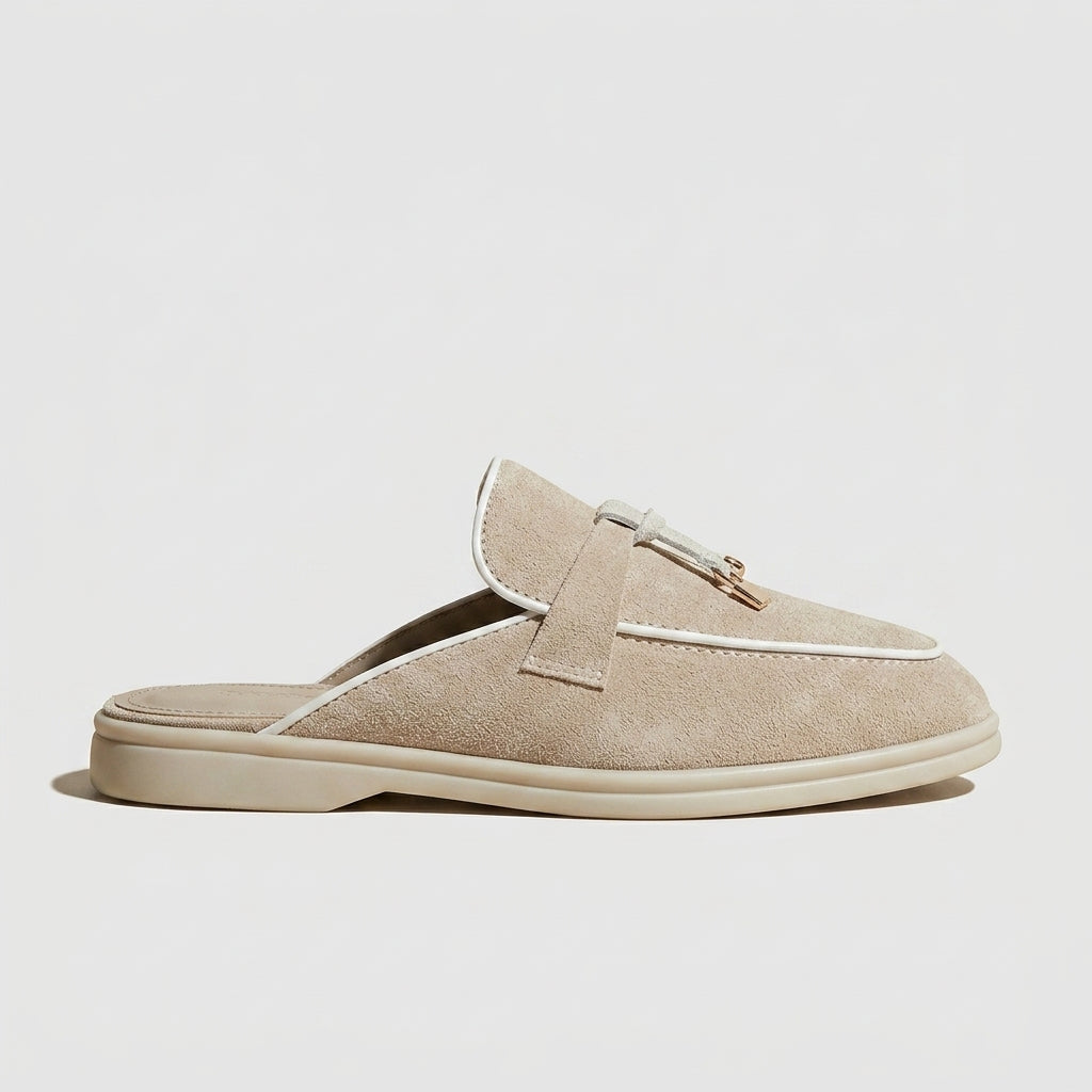 Women's Suede Backless Loafers with Rounded Toe and Metal Tassel Detail