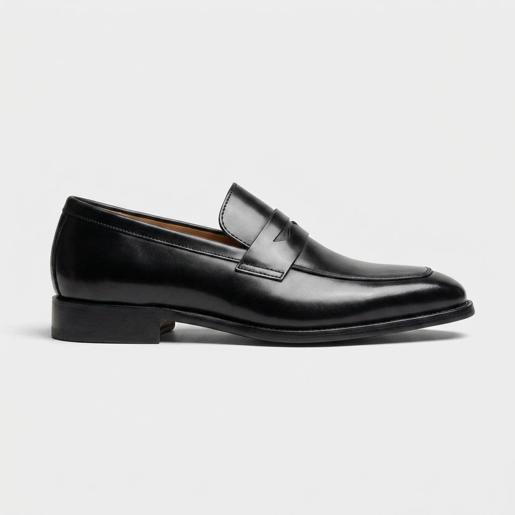 Men's Penny Loafers Leather Slip-On Low Block Heel Almond Toe
