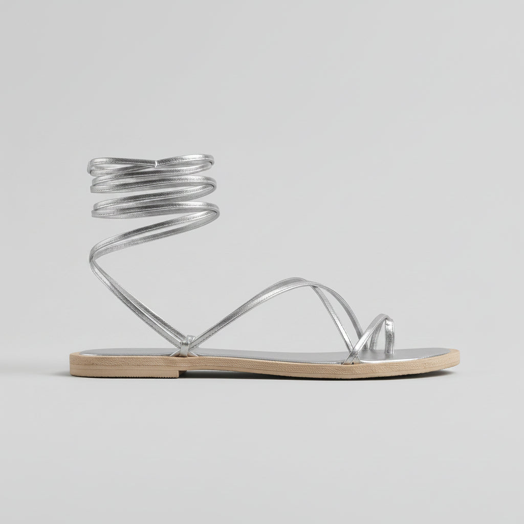 Women's Lace-Up Toe Ring Sandals - Flat - Strappy Ankle Tie - Open Toe