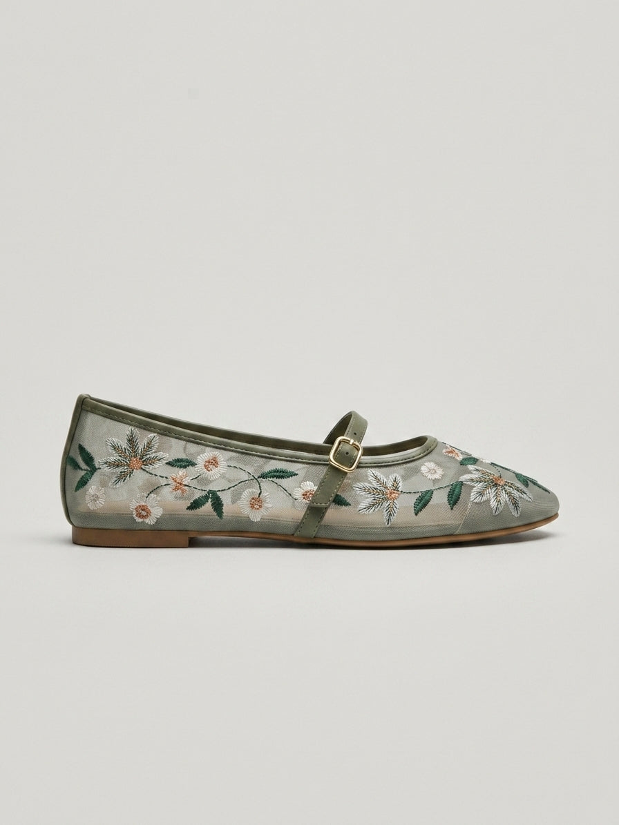 Women's Flats Mary Jane Embroidered Floral Mesh Ankle Strap