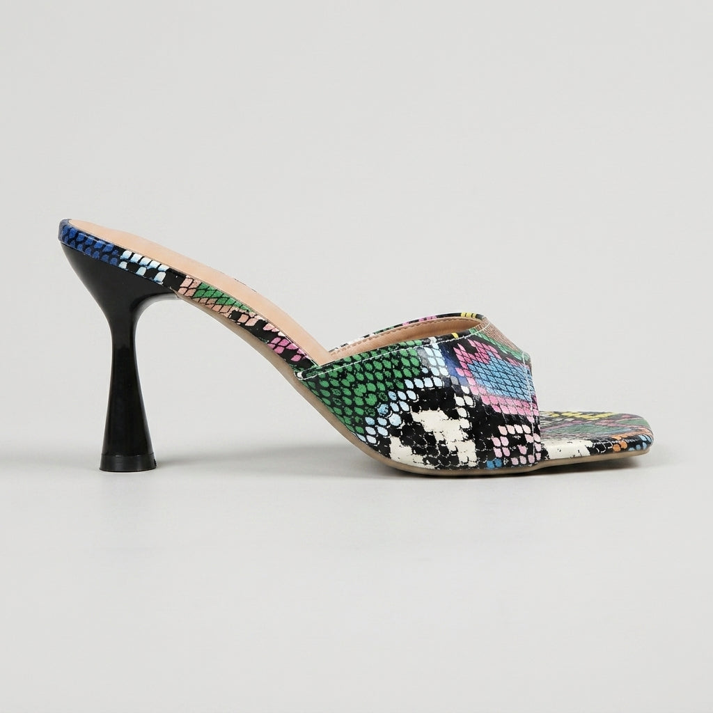 Women's Animal Print Square Toe Slide Heels with Flared Stiletto