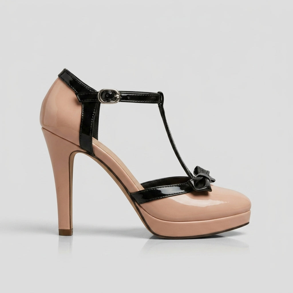 Women’s Rounded Toe T-Strap Heels with Bow Detail - Buckle Closure