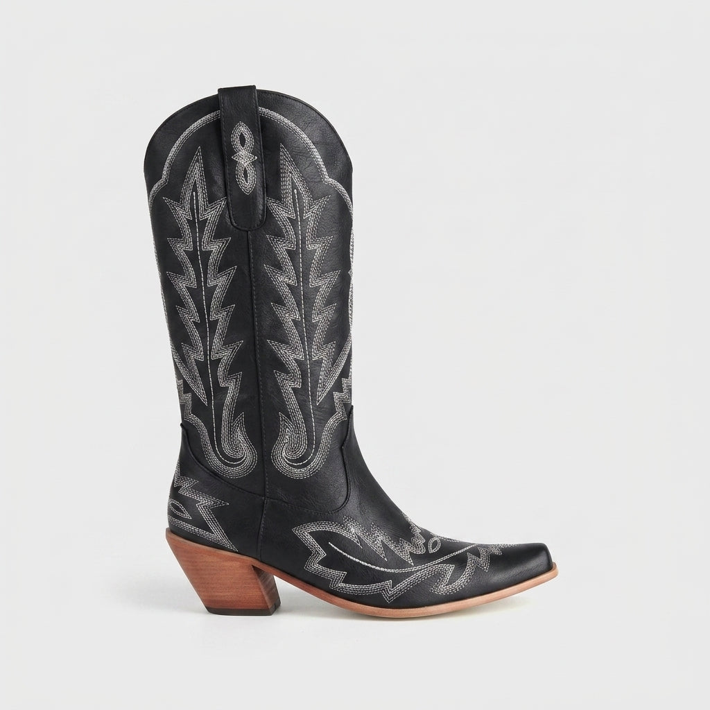 Women's Knee-High Boots Embroidery Western Pointed Toe Stacked Heel