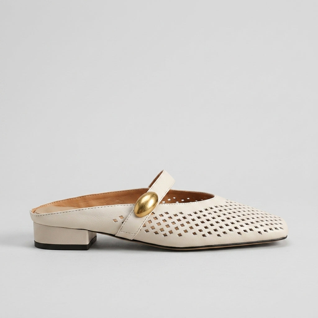 Women's Leather Flats - Mary Jane Mesh Mules - Square Toe - Backless