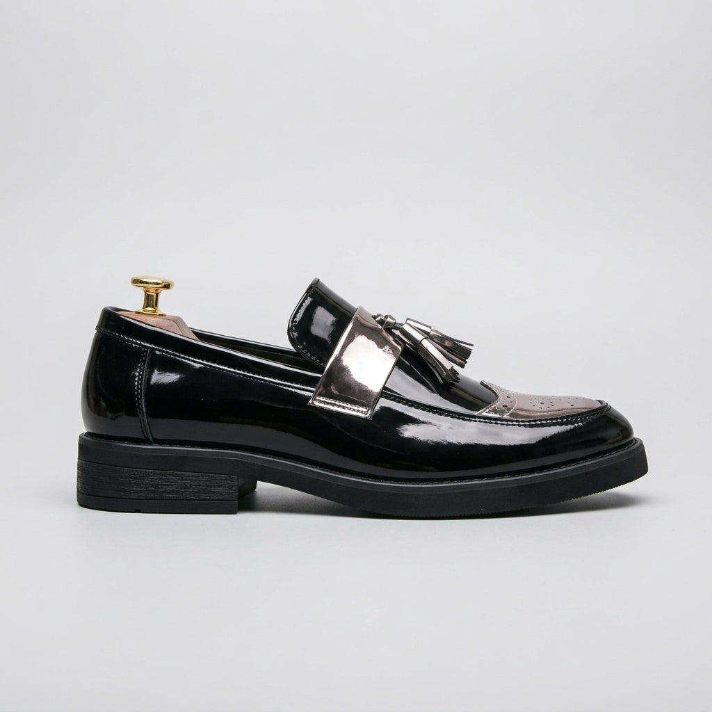 Men's Leather Glossy Tassel Platform Loafers - Rubber Sole Slip-On Dress Shoes
