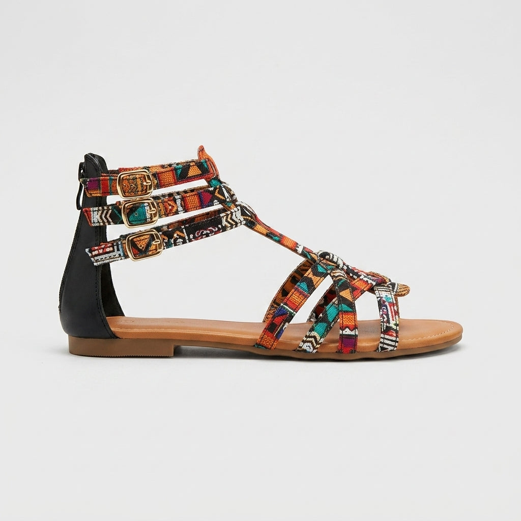 Women's Flat Sandals T-Strap Open Toe Printed Fabric Upper
