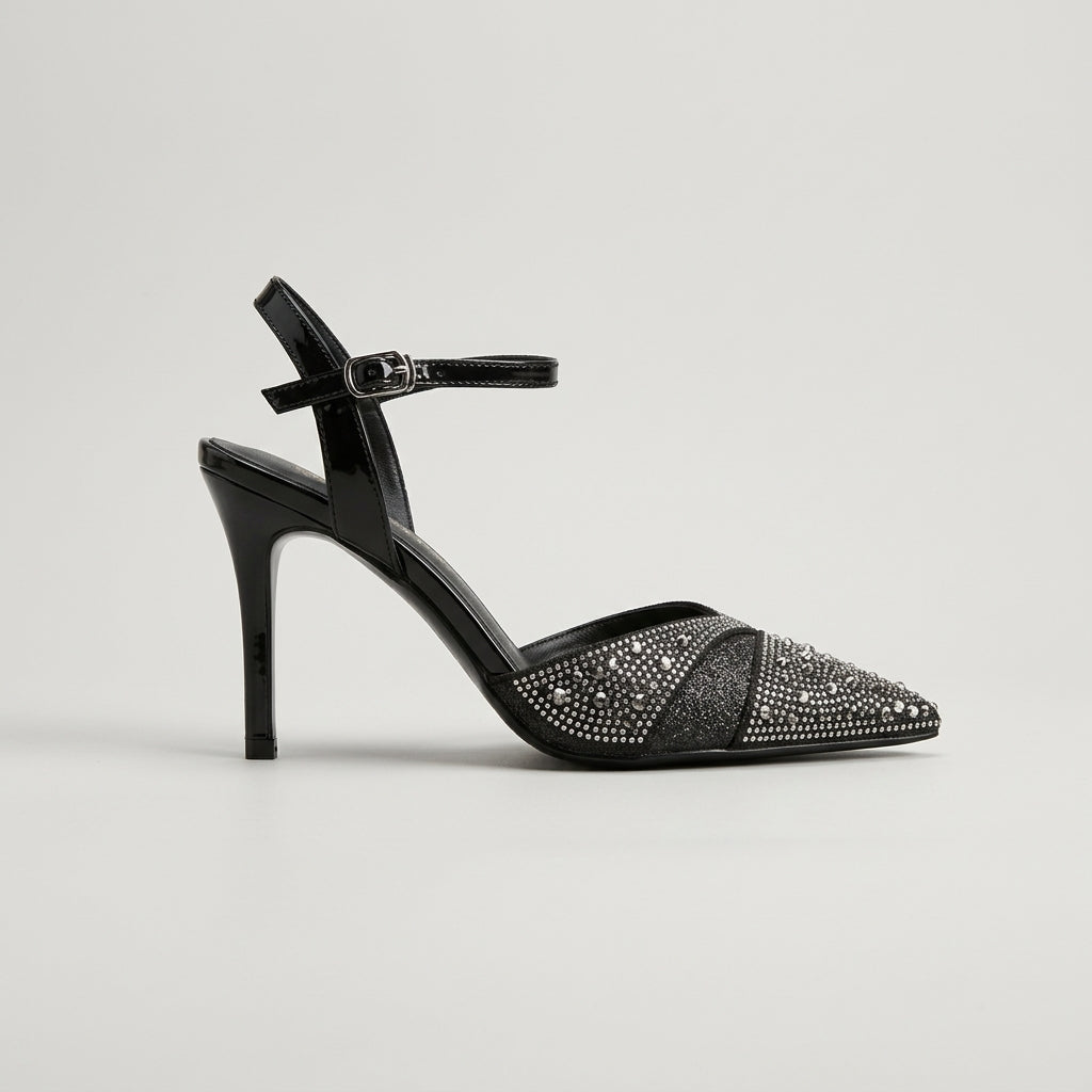 Women’s Pointed Toe High Heel Sandals with Ankle Strap and Rhinestone Embellishment