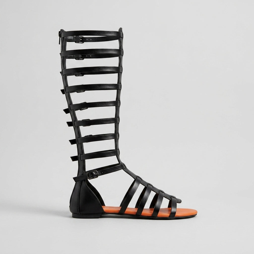 Women's Knee-High Gladiator Sandals with Multi-Strap Flat Sole