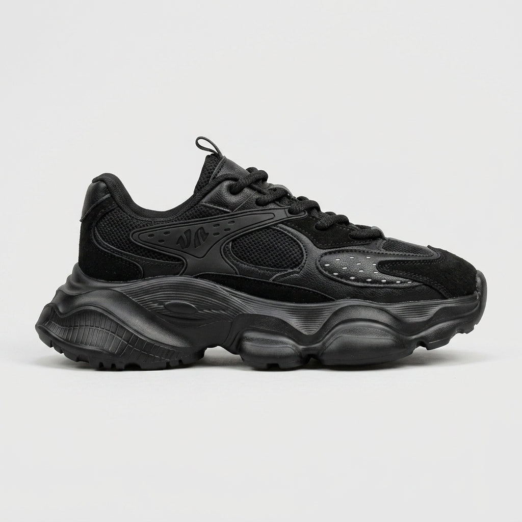 Men's Leather Chunky Sneakers - Lace-Up - Mesh Panels - Thick Sculpted Sole