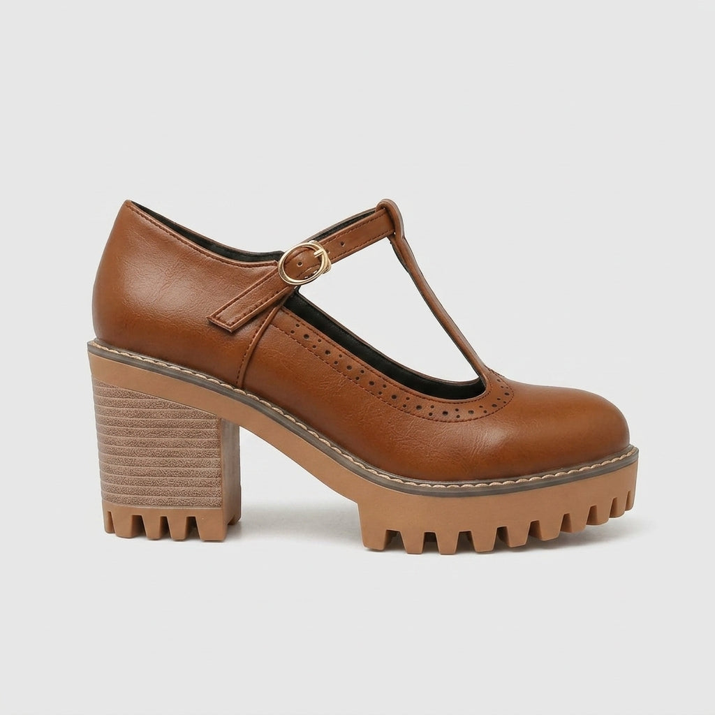 Women's Heels T-Bar Block Heel Brogue Leather Oxford Style