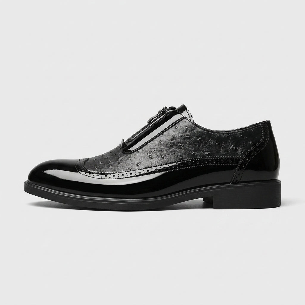 Men's Oxford Wingtip Zipper Closure Ostrich-Embossed Patent Leather