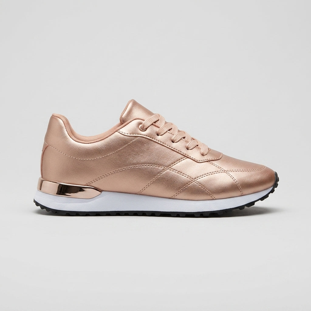 Women's Lace-Up Low-Top Sneakers with Smooth Upper and Metallic Heel Trim