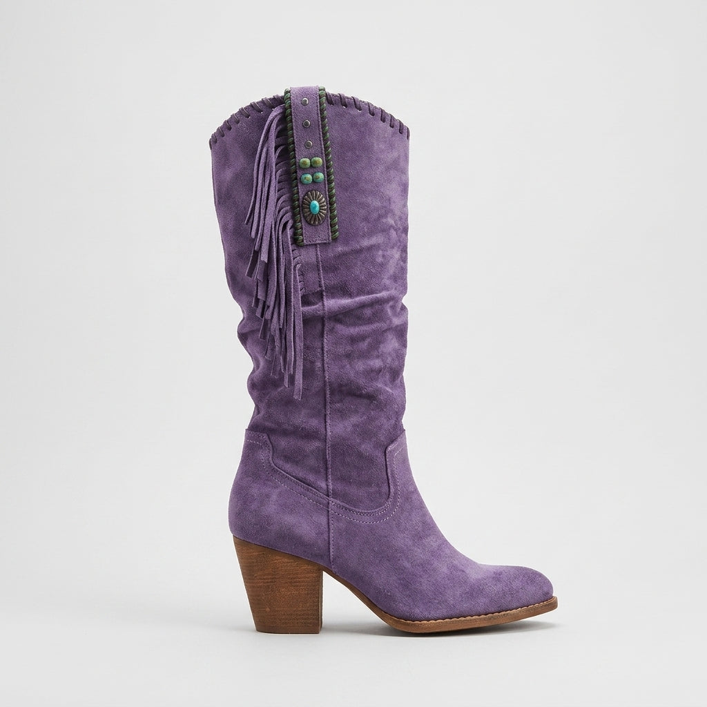Women's Knee High Boots - Fringe Detail - Block Heel - Suede