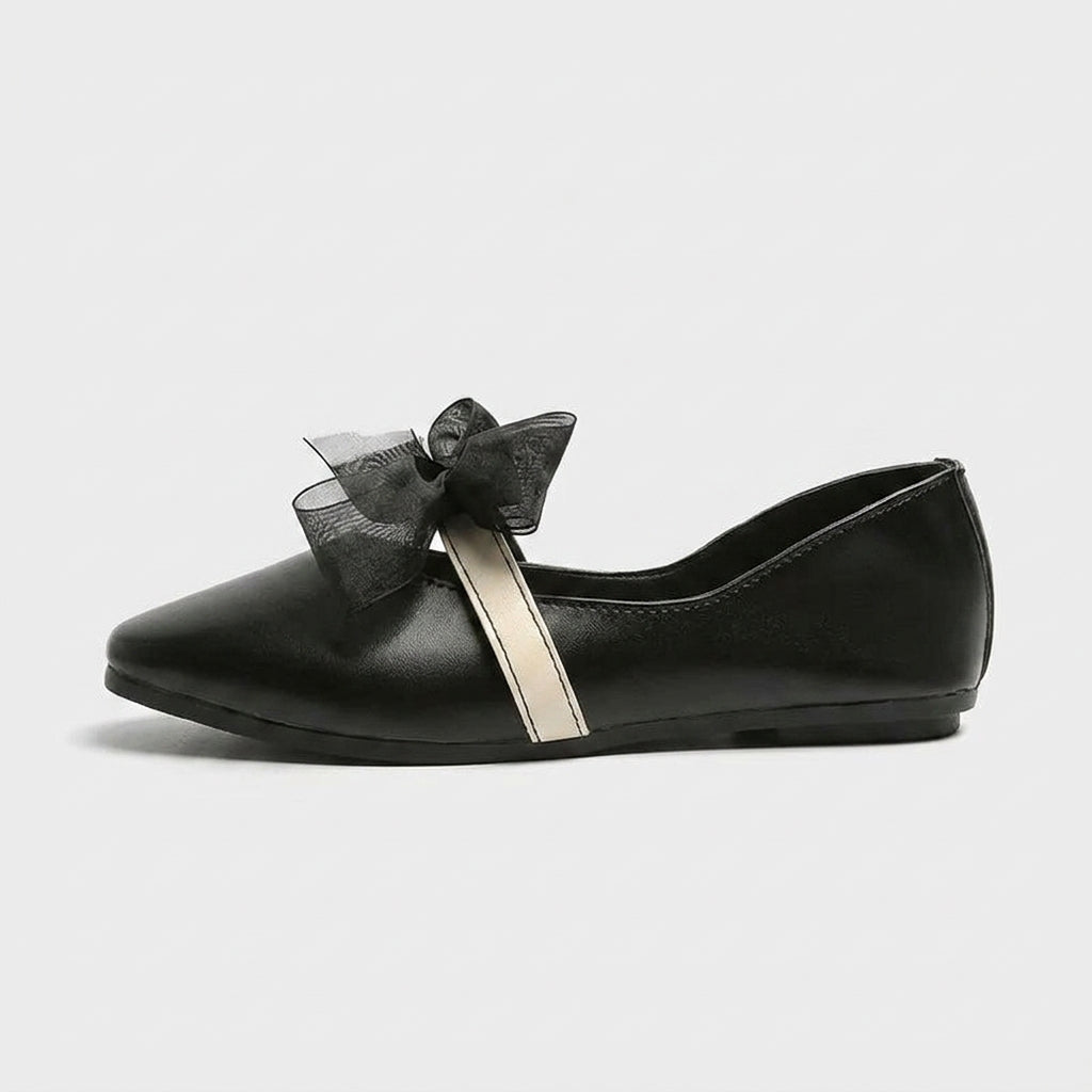 Women's Square Toe Ballet Flats with Mesh Bow and Contrast Strap Detail