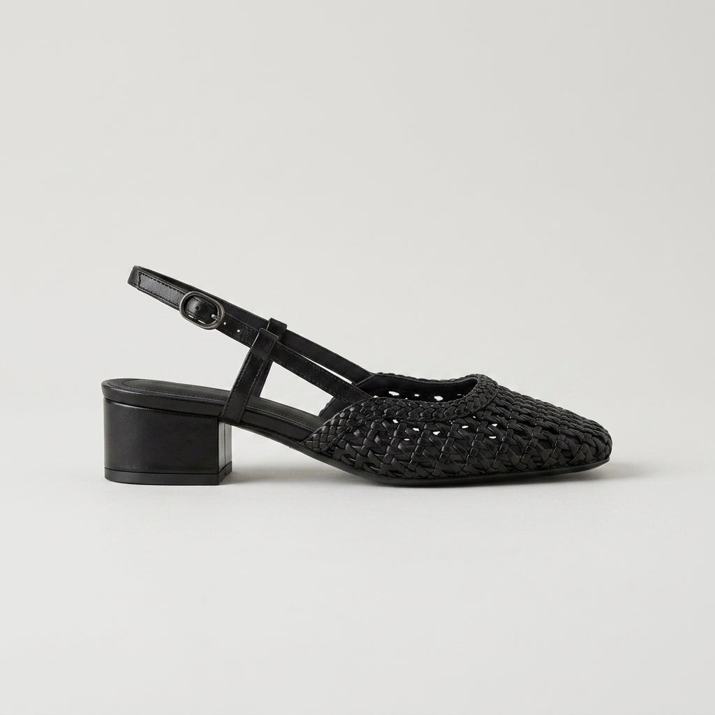 Women's Slingback Heels Woven Mesh Square Toe Low Block Heel