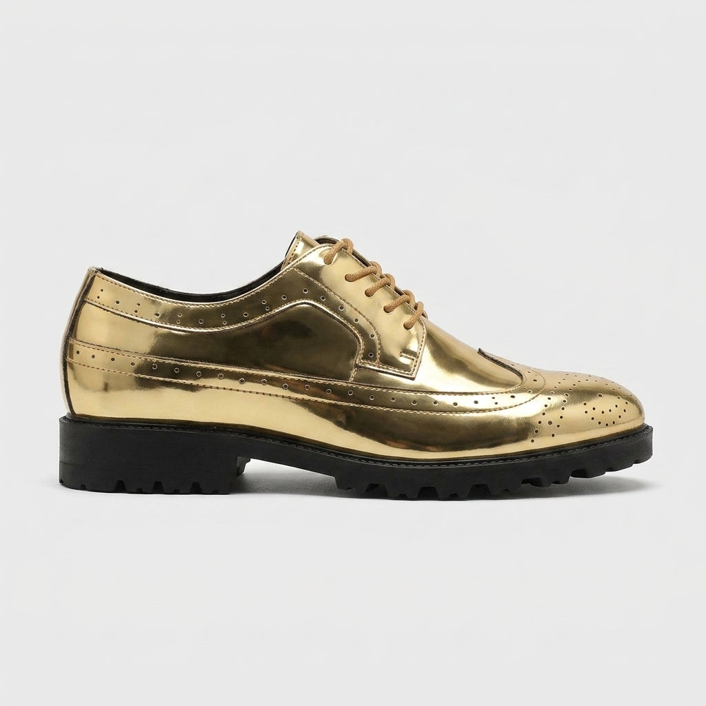 Men's Patent Wingtip Brogue Oxford Shoes with Lace-Up and Lugged Sole