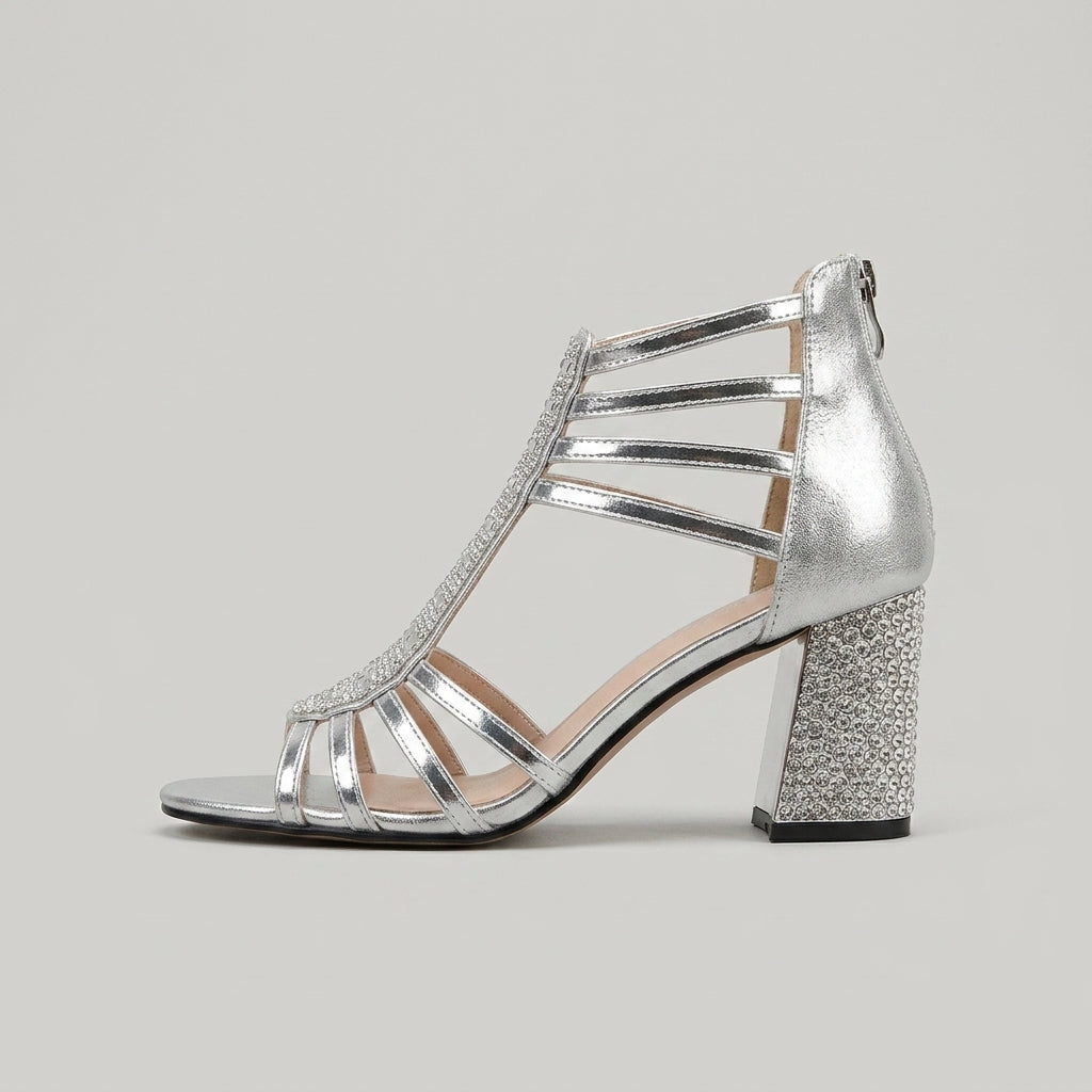 Women's Gladiator Sandals - T-Bar Rhinestone Block Heels - Zip Closure