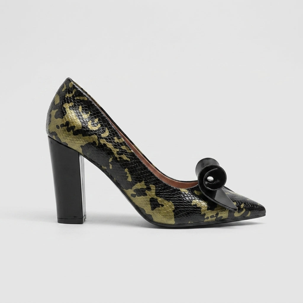 Women's Heels Pointed Toe Crocodile Print Bow Block Heel Pumps