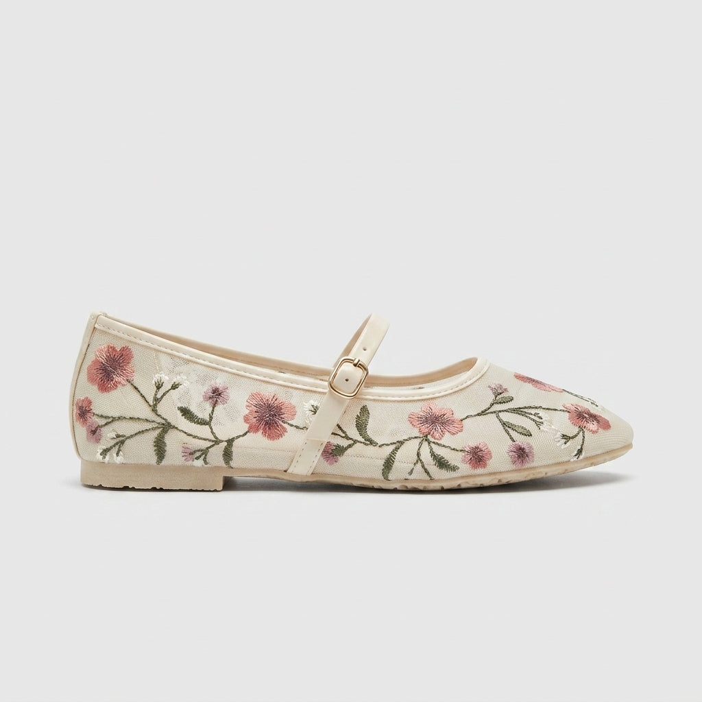 Women's Flats Mesh Embroidered Mary Jane Ankle Strap Ballet