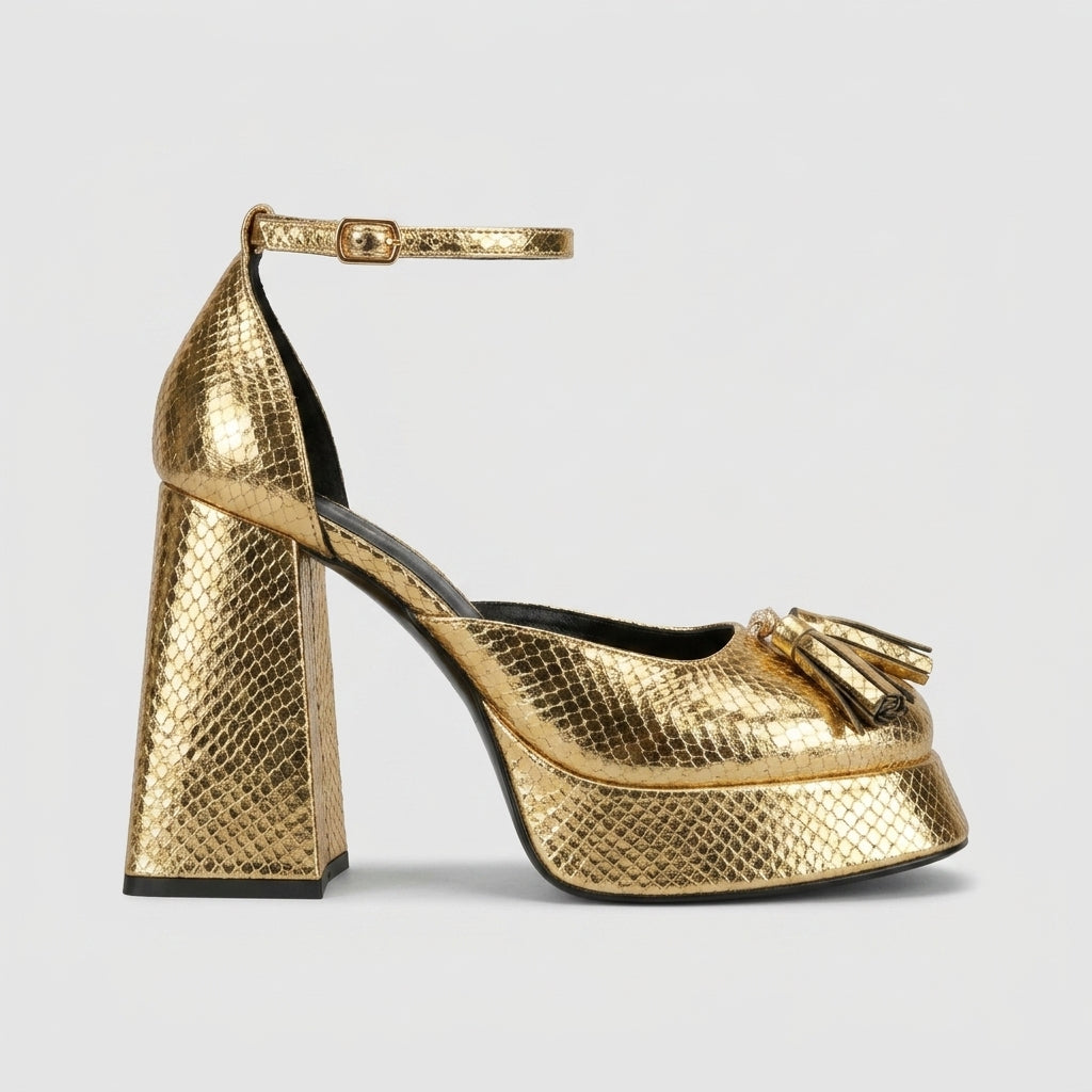 Women's Platform Heels - Block Heel - Ankle Strap - Tassel Detail