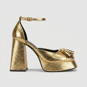 Women's Platform Heels - Block Heel - Ankle Strap - Tassel Detail