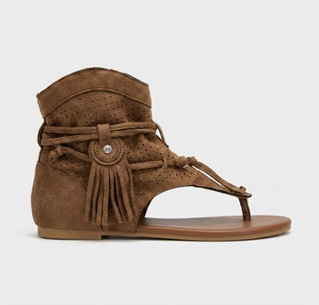 Women's Cowboy Flat Sandals T-Strap Ankle Wrap Fringe Perforated