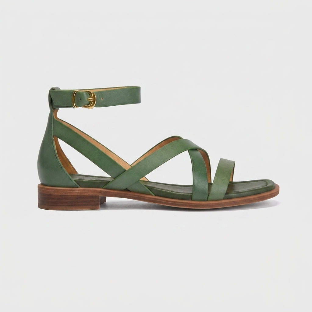 Women's Strappy Leather Sandals - Square Toe - Ankle Strap - Block Heel