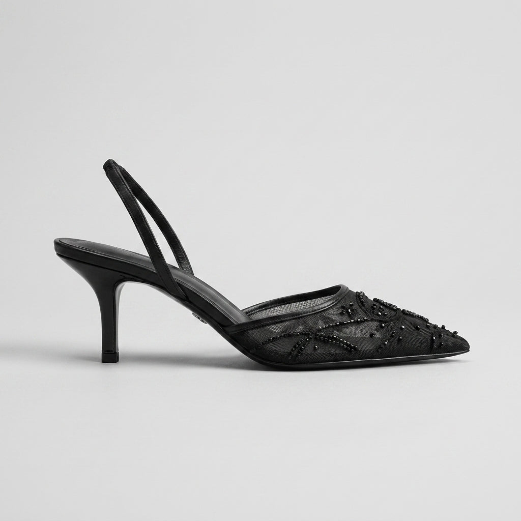 Women's Kitten Heels - Embroidered Mesh Pointed Toe - Slingback