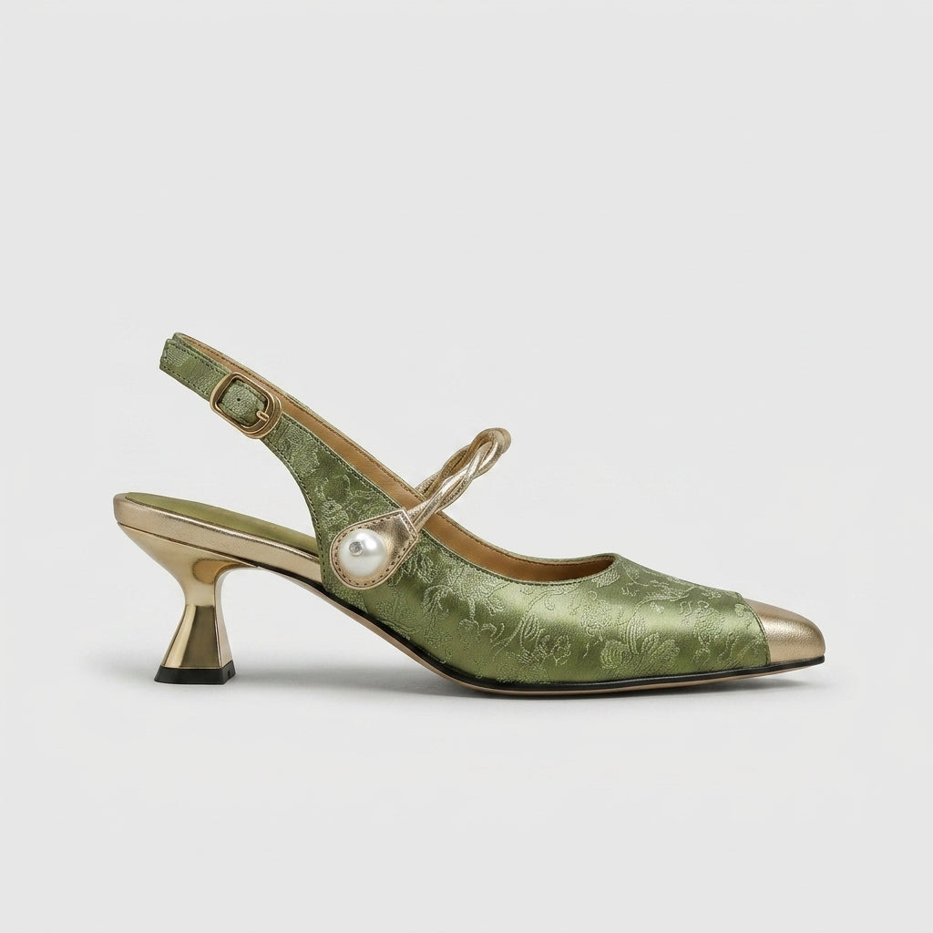 Women's Kitten Heels - Pointed Toe Slingback Pumps with Pearl Strap